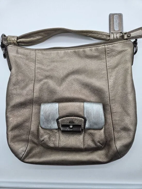 Coach Kristen Metallic Slouch Leather Handbag Hobo Shoulder Bag Front Pocket w/ - Picture 10 of 12